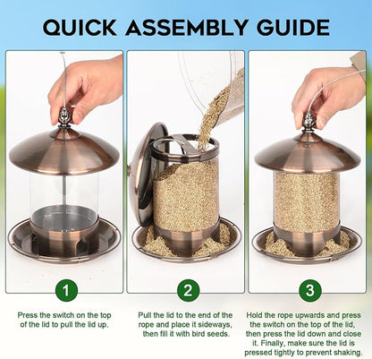 Gbekery Metal Bird Feeders for Outdoors Hanging, Weather Resistant Wild Bird Feeder with 360 Degree Feeding Tray, Copper