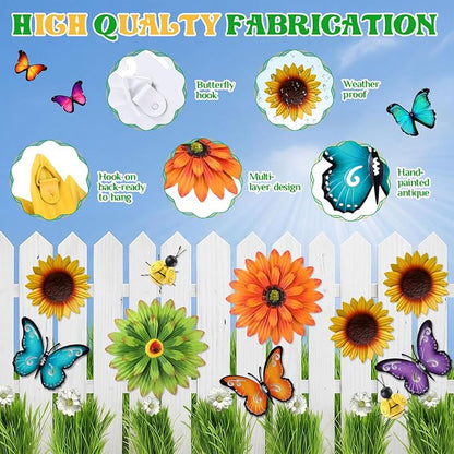 Therwen 10 Pcs Metal Wall Art Decor for Outside 3D Metal Sunflower Backyard Decorations Hanging Outdoor Wall Art Multicolored Flowers for Garden Fence Patio Yard Outdoor Porch