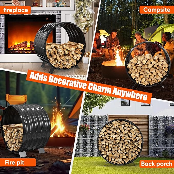 24" Firewood Rack with Roof Cover, Indoor & Outdoor Log Holder Keeps Firewood Dry, Clean & Organized for Fireplace, Patio & Backyard, Heavy-Duty Steel Wood Storage Rack, 400LBS Capacity