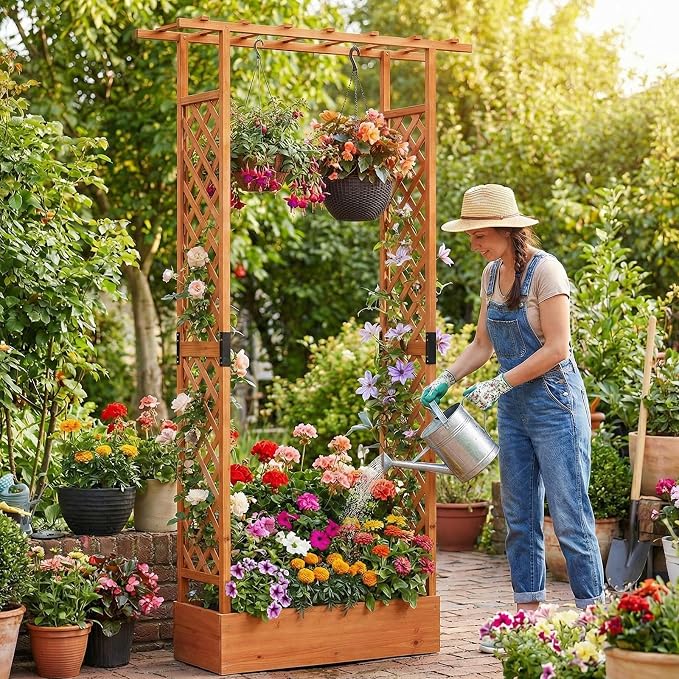 Giantex Wooden Raised Garden Bed with Trellis & Hanging Roof, Fir Wood Planter Box, 89” Freestanding Elevated Garden Bed for Outdoor Climbing Plants Vegetables Flowers, Patio & Balcony, Orange