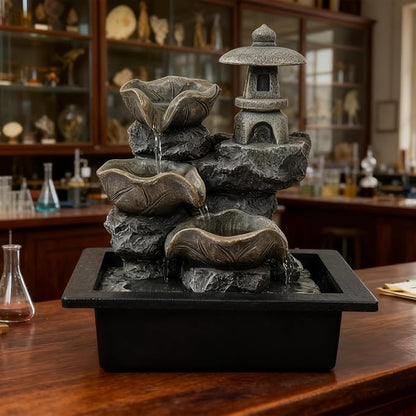 Indoor Tabletop Waterfall Fountain with Rock Pagoda & Lotus Leaf, Design for Home Office Desk Decor, Soothing Zen Water Feature with Warm Light for Relaxation & Meditation