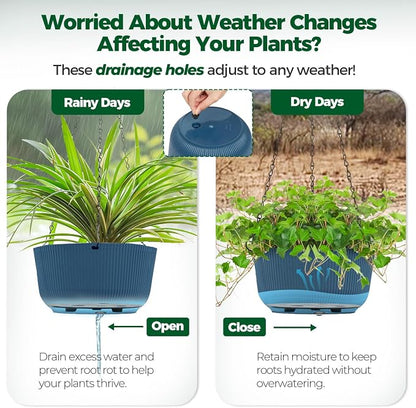 T4U 10 Inch Hanging Planters for Indoor Outdoor Plants, Hanging Baskets for Plants Pack of 2, Self Watering Hanging Pots with Drainage Hole for Garden Home Decor, Blue