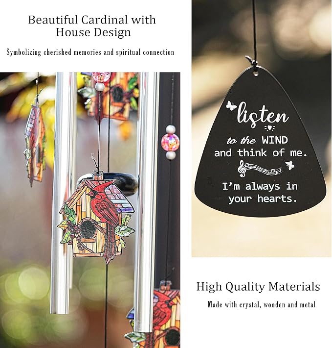 YU FENG Cardinal Memorial Wind Chime, Birdhouse Crystal Suncatcher | 34 Inch Metal Wind Chime, Cardinal Bird Design, Sympathy Gift For Loss Of Loved One, Outdoor Garden Yard Decor