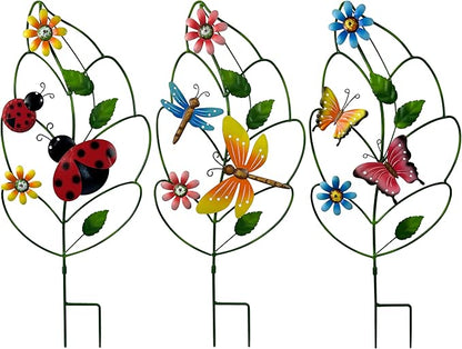 Metal Garden Stakes Set of 3 - Leaf Shaped Plant Support with Butterfly, Dragonfly & Ladybug, Whimsical Yard Art Garden Decorations for Outdoor Lawn Patio Pathway