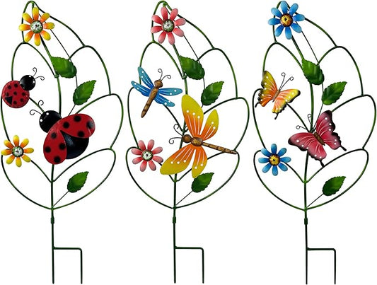 Metal Garden Stakes Set of 3 - Leaf Shaped Plant Support with Butterfly, Dragonfly & Ladybug, Whimsical Yard Art Garden Decorations for Outdoor Lawn Patio Pathway