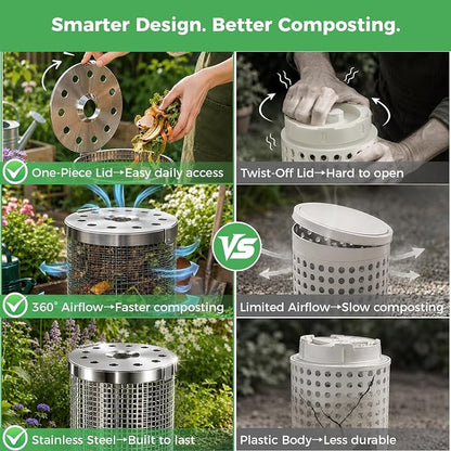Worm Composter Worm Bin, Stainless Steel In Ground Compost Bin with Quick-Open Lid, Metal Worm Tower Composting System for Garden Beds, Underground Worm Farm, Outdoor Garden Vermicomposting Bin