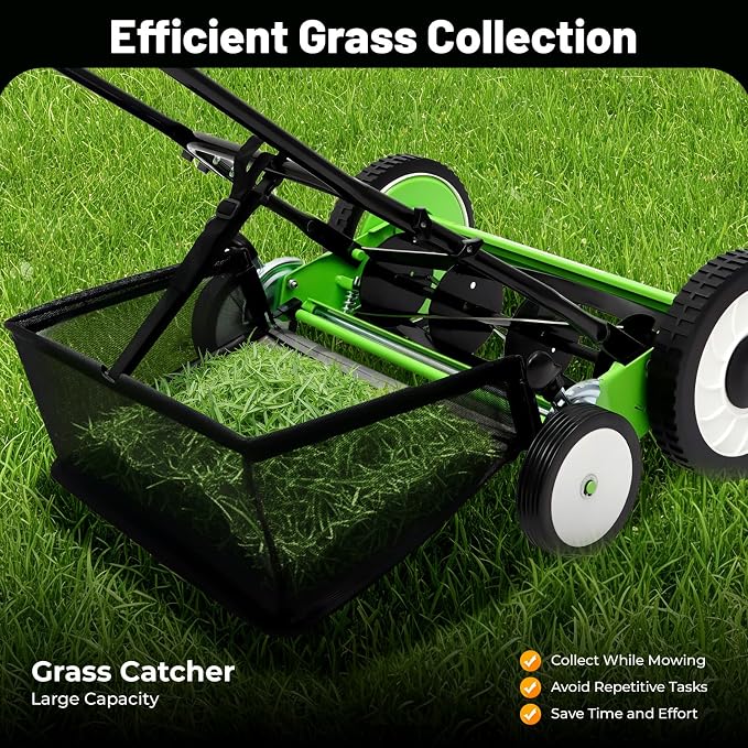 Manual Reel Lawn Mower, 16 Inch 5-Blade Cordless Push Mower with Adjustable Cutting Height and Grass Catcher for Yard, Garden