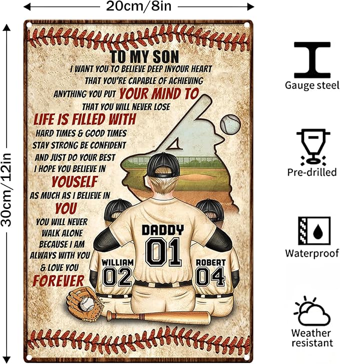 Vintage Tin Signs Motivational Wall Decor-To Son Teen Boy Room Baseball Decor Gifts,Sports Posters for Boys Bedroom 8x12 Inch