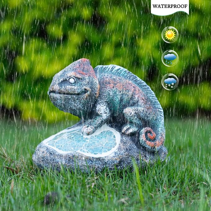 Rezpuao Solar Chameleon Garden Statues Outdoor Decor Resin Chameleon Figurine with Solar Light for Patio,Balcony,Yard,Lawn Ornament,Perfect Garden Gift