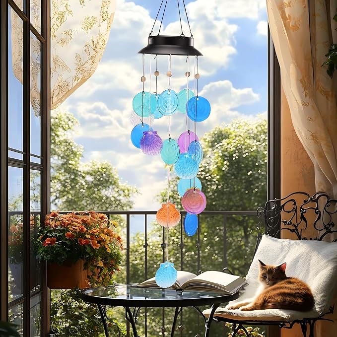 Solar Wind Chimes Outdoor with Glass and Copper (Solar Shell) | Solar Powered, Garden Decor, Patio Decor, Glass and Copper, Outdoor Use