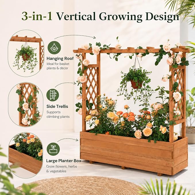 Raised Garden Bed with Arch Trellis & Hanging Roof for Climbing Plants