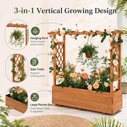 Raised Garden Bed with Arch Trellis & Hanging Roof for Climbing Plants