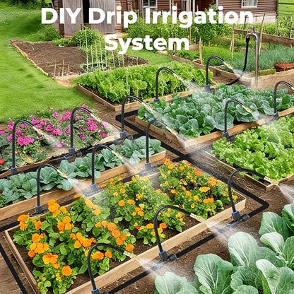33FT Drip Irrigation System for Garden: 10 Nozzles 1/4" PE Tubing Automatic Watering Kit Adjustable Misting Sprinkler Mister Hose for Water Plants Tape Raised Beds Lawn Outdoor Yard Greenhouse