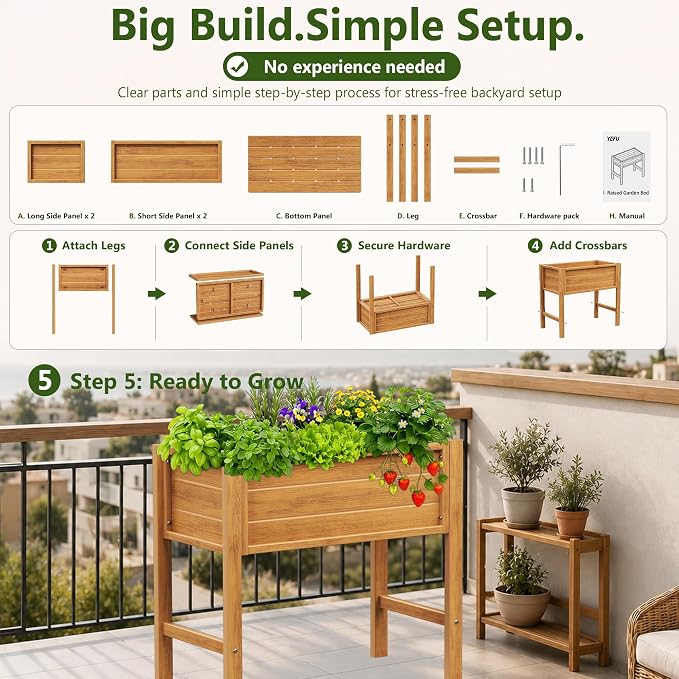 YEFU Raised Garden Bed with Legs: Compact Waterproof HDPS Outdoor Elevated Planter Box with Drainage Holes - 34x18x30 Inch for Patio/Balcony to Grow Vegetables/Herbs - 385 lbs Capacity, Teak
