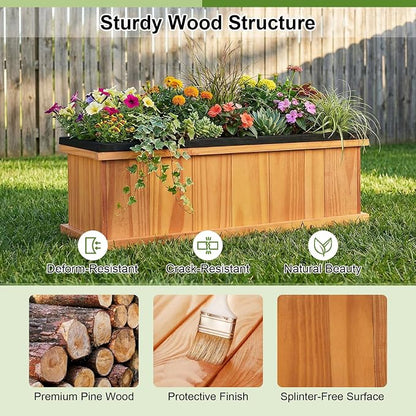 Giantex Outdoor Raised Garden Bed, 28” x 10” x 10” Pine Wood Planter Box with 3 Drainage Holes, Removable Bottom & Bed Liner, Rectangular Flower Container for Vegetables, Herbs, Indoor & Outdoor