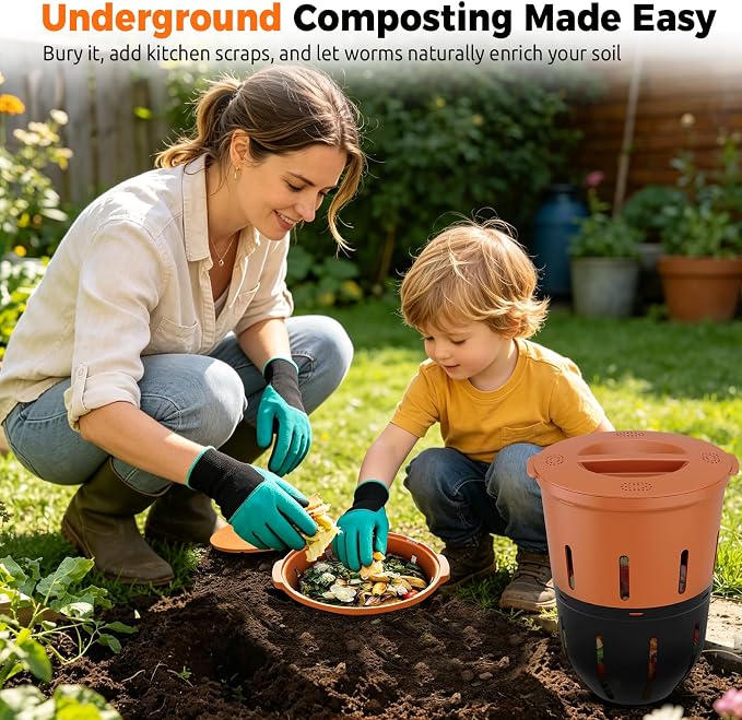 In-Ground Worm Compost Bin, 2 Pack 3.3 Gallon Worm Composter for Raised Garden Beds, BPA-Free Worm Compost Bin for Recycling Food Waste, Low-Maintenance Outdoor Composting System