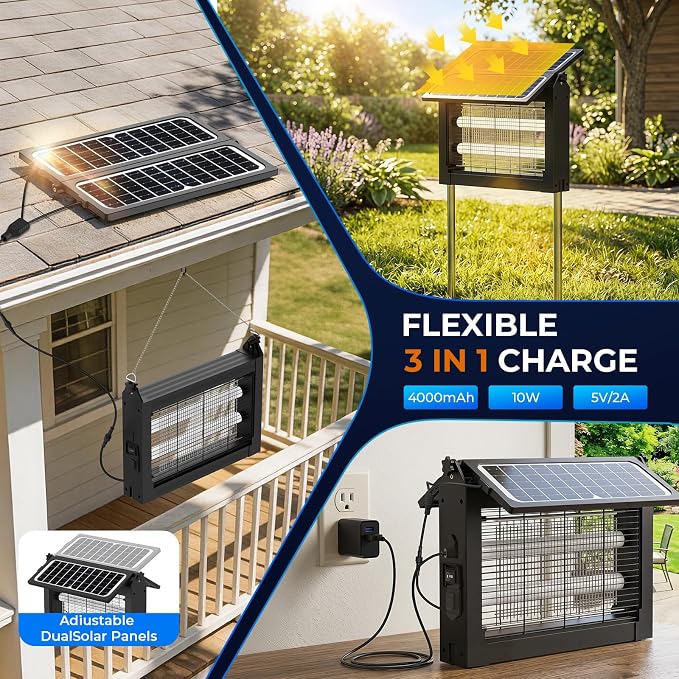 Solar Bug Zapper, 4500V Mosquito Zapper Outdoor Waterproof with Dual Solar Panel, USB Rechargeable Mosquito Killer, Cordless Fly Insect Zapper Waterproof for Patio Yard Garden Home Camping