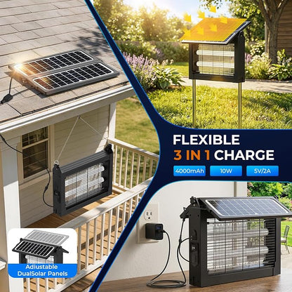 Solar Bug Zapper, 4500V Mosquito Zapper Outdoor Waterproof with Dual Solar Panel, USB Rechargeable Mosquito Killer, Cordless Fly Insect Zapper Waterproof for Patio Yard Garden Home Camping
