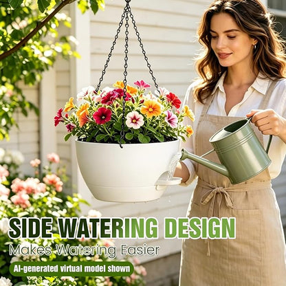12 Inch Large Self Watering Hanging Planters 2 Pack with Saucers | Set of 2 12-inch self-watering hanging planters with extra soil capacity, side-fill ports, chain hangers & snap-on saucers