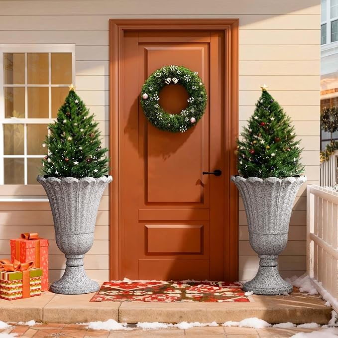 23.6" Tall Plastic Urn Planters for Outdoor Plants with Drainage Holes & Petal Design, Set of 2 Heavy-Duty Classic Indoor Large Flower Pots, Outdoor Planters for Porch/Home/Garden, Gray