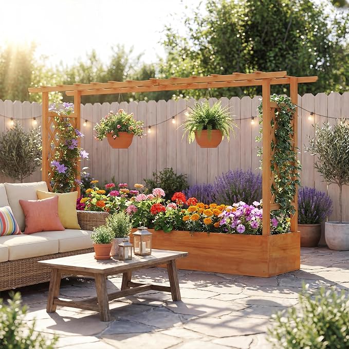 HAPPYGRILL Raised Garden Bed with Trellis, 2 Pack Freestanding Wood Planter Box w/Hanging Roof & 8 Drainage Holes for Vine Climbing Plants Flowers, Outdoor Planter with Trellis for Garden Patio Yard