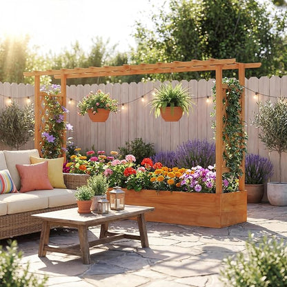 HAPPYGRILL Raised Garden Bed with Trellis, Freestanding Wood Planter Box w/Hanging Roof & 8 Drainage Holes for Vine, Climbing Plants, Flowers, Outdoor Planter with Trellis for Garden, Patio, Yard