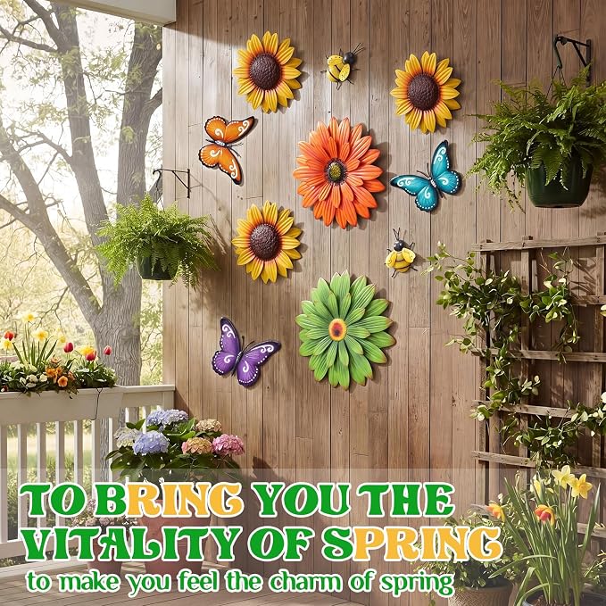 Therwen 10 Pcs Metal Wall Art Decor for Outside 3D Metal Sunflower Backyard Decorations Hanging Outdoor Wall Art Multicolored Flowers for Garden Fence Patio Yard Outdoor Porch