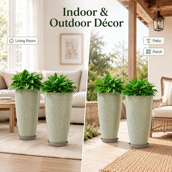 Neoaider Set of 2 Tall Planter, 21 inch Large Plastic Planter, Drip Glaze | Ceramic-Look, Lightweight, Built-in Drain Hole, Saucers, Tall Outdoor Planter for Porch, Garden, Patio, Balcony