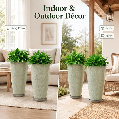 Neoaider Set of 2 Tall Planter, 21 inch Large Plastic Planter, Drip Glaze | Ceramic-Look, Lightweight, Built-in Drain Hole, Saucers, Tall Outdoor Planter for Porch, Garden, Patio, Balcony