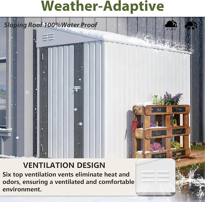 YOPTO 4x7 FT Lean to Storage Shed, Outdoor Metal Wall Side Storage Sheds with Lockable Door,Small Garden Tool Shed for Backayrd, Patio,Lawn,Easy Assembly,White
