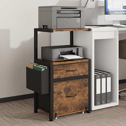 HIGDBFE 2-Drawer File Cabinet with Printer Stand&Dual Shelves, Rustic Brown | 2-Tier Printer Storage, Letter File Drawer, Reversible Side Bag, Smooth Drawer Slides, Rolling Support Board
