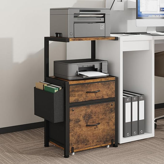 HIGDBFE 2-Drawer File Cabinet with Printer Stand&Dual Shelves, Rustic Brown | 2-Tier Printer Storage, Letter File Drawer, Reversible Side Bag, Smooth Drawer Slides, Rolling Support Board