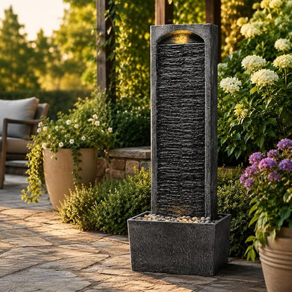 Teamson Home 38.5" Faux Slate Contemporary Outdoor LED Waterfall Fountain with Pebble Base, Gray/Black | Contemporary, Pebble Base