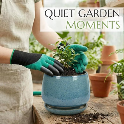 10.3 Inch Flower pots for Indoor Outdoor Plants with Saucer Drainage Leak-Proof Mesh, Ceramic Planter with Gardening Gloves for Succulent and Flower(Crackled Blue)