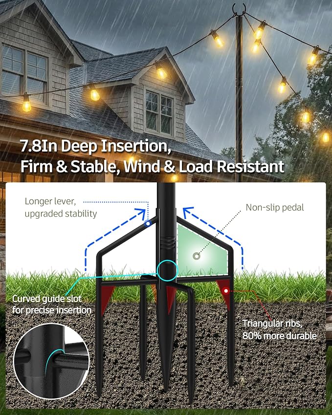 LAND·VOI String Light Poles 2 Pack, Heavy Duty Outdoor Light Poles with Upgraded 5‑Prong Base, Anti‑Bending Stable Design for Backyard Patio Garden Wedding Party Decoration