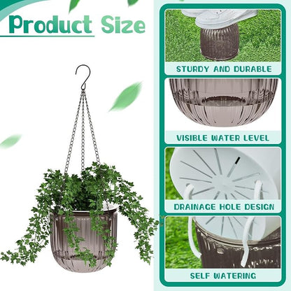 Meanplan 4 Pcs Self Watering Hanging Planter Indoor 6.5 Inch Hanging Baskets for Plants Outdoor Plastic Flower Pot with 3 Hooks Chains Drainage Holes for Garden Home, Medium Size(Gray)