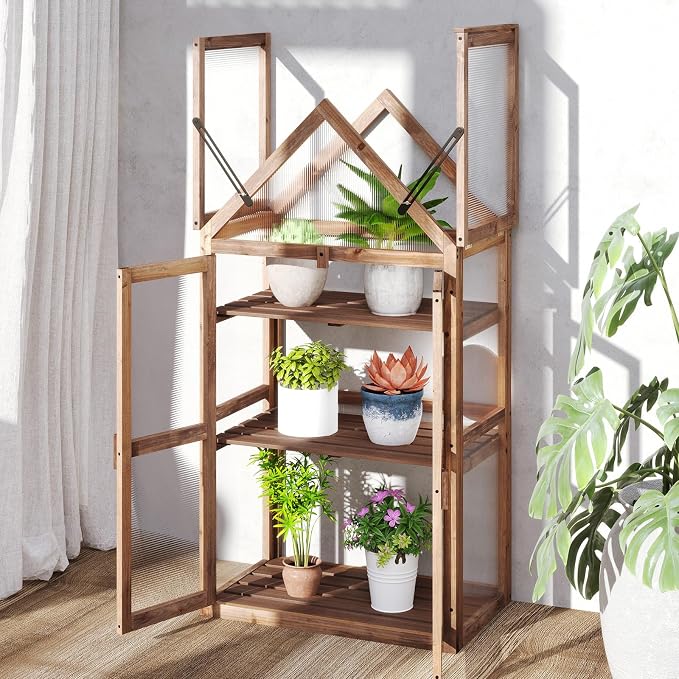 Happygrill Cold Frame, Mini Wooden Green House w/Transparent Openable Roof, Raised Flower Planter Shelf w/3 Adjustable Shelves & Polycarbonate Panels, Small Wood Greenhouse Cabinet for Indoor Outdoors