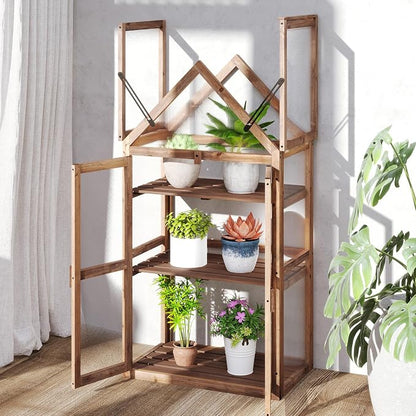 Happygrill Cold Frame, Mini Wooden Green House w/Transparent Openable Roof, Raised Flower Planter Shelf w/3 Adjustable Shelves & Polycarbonate Panels, Small Wood Greenhouse Cabinet for Indoor Outdoors