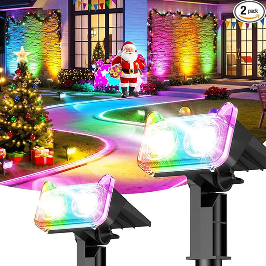 LETMY Solar Lights Outdoor Waterproof IP65, 2 Pack Solar Spot Lights Outdoor with 14 Big LEDs, 2-in-1 Wall Lights & 7 Modes Solar Landscape Spotlights for Pathway Yard Patio Decor Garden Gifts (RGB)