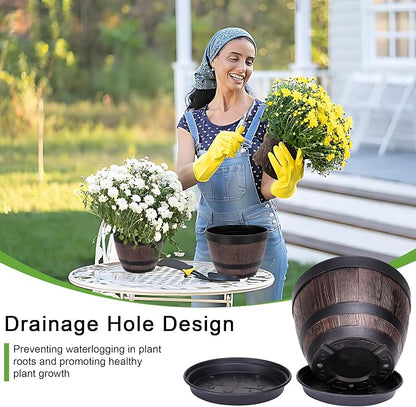 VECELO Plant Pots with Drainage Holes & Saucer, 11.3 Inch Flower Pots with Tray, 4 Pack Plastic Whiskey Barrel Planters for Indoor & Outdoor Garden Home Plants and Flowers