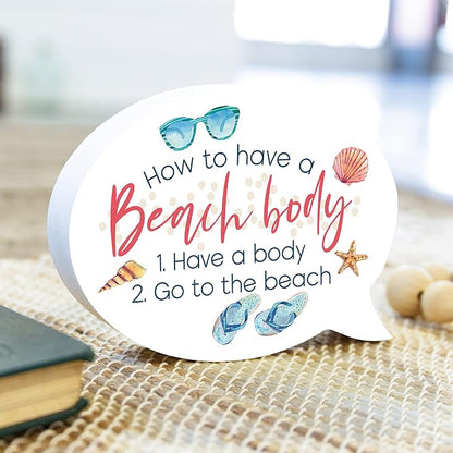 P. Graham Dunn How to Beach Body Nautical White 5.75 x 4.25 Wood Tabletop Thought Bubble Sign