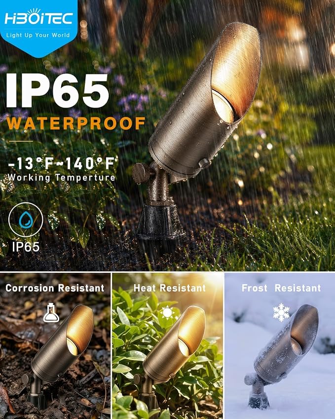 HIBOITEC Solid Brass Outdoor Landscape Spotlights Light Fixture with 5W Aluminum Housing MR16 LED Bulb 2700K 450LM, 12V AC/DC, Low Voltage Outdoor Spot Lighting, Uplight for Garden, 6Pack