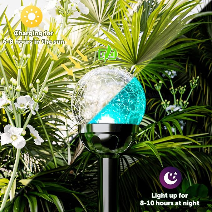 Solar Pathway Lights 3 Pack, Color Changing Globe Lights for Garden Decor | Cracked Glass Ball Outdoor Lights Solar Powered, Colored Solar Lights Outdoor Decorative Waterproof