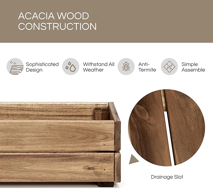 THYOI Premium Wooden Planter Box, Storage Box 17" L x6 W x5.5 H with Crate Style, Acacia Wood Flower Container, Rustic Rectangle Planter for Planting, Decor and Storage - 3 Colors (Natural)