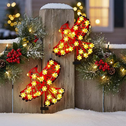 2 Pack Metal Cardinal Outdoor Wall Decor with 30 Led Solar Lights- 15.9" Outdoor Fence Wall Art Decor, Gift for Mom Grandma Women Birthday Gardening,Hanging Decoration for Garden Patio Porch Yard
