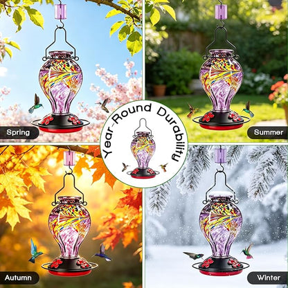 Hand Blown Glass Hummingbird Feeders for Outdoors Hanging, 24oz Wild Bird Nectar Feeder with Ant Moat and Perch, Bee-Resistant Ports, Garden Decor, Gifts for Women Mom, 1 Pack, Purple Phoenix