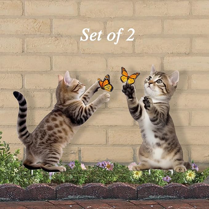 Set of 2 Metal Cat Garden Stakes, Realistic Cats Playing with Butterflies, Outdoor Yard Lawn Patio Decor