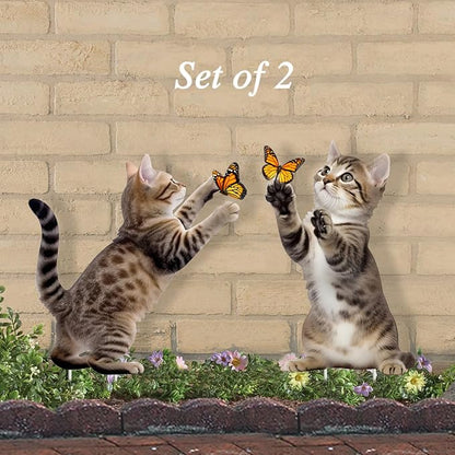 Set of 2 Metal Cat Garden Stakes, Realistic Cats Playing with Butterflies, Outdoor Yard Lawn Patio Decor