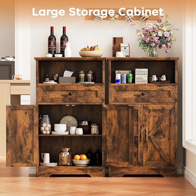 Floor Cabinet, Farmhouse Storage Cabinet with Barn Doors and Drawer, 11.81" D x 23.62" W x 39.37" H Rustic Brown Freestanding Adjustable Shelf Organizer for Bathroom, Kitchen, Living Room