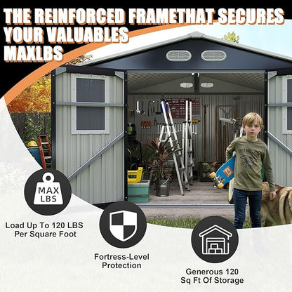 KEIKI 8x8 Metal Storage Shed with Protective Film, Four Daylight Windows, Lockable Doors, Heavy-Duty Color Steel Outdoor Storage Shed for Backyard Garden, Sheds & Outdoor Storage, Dark Gray